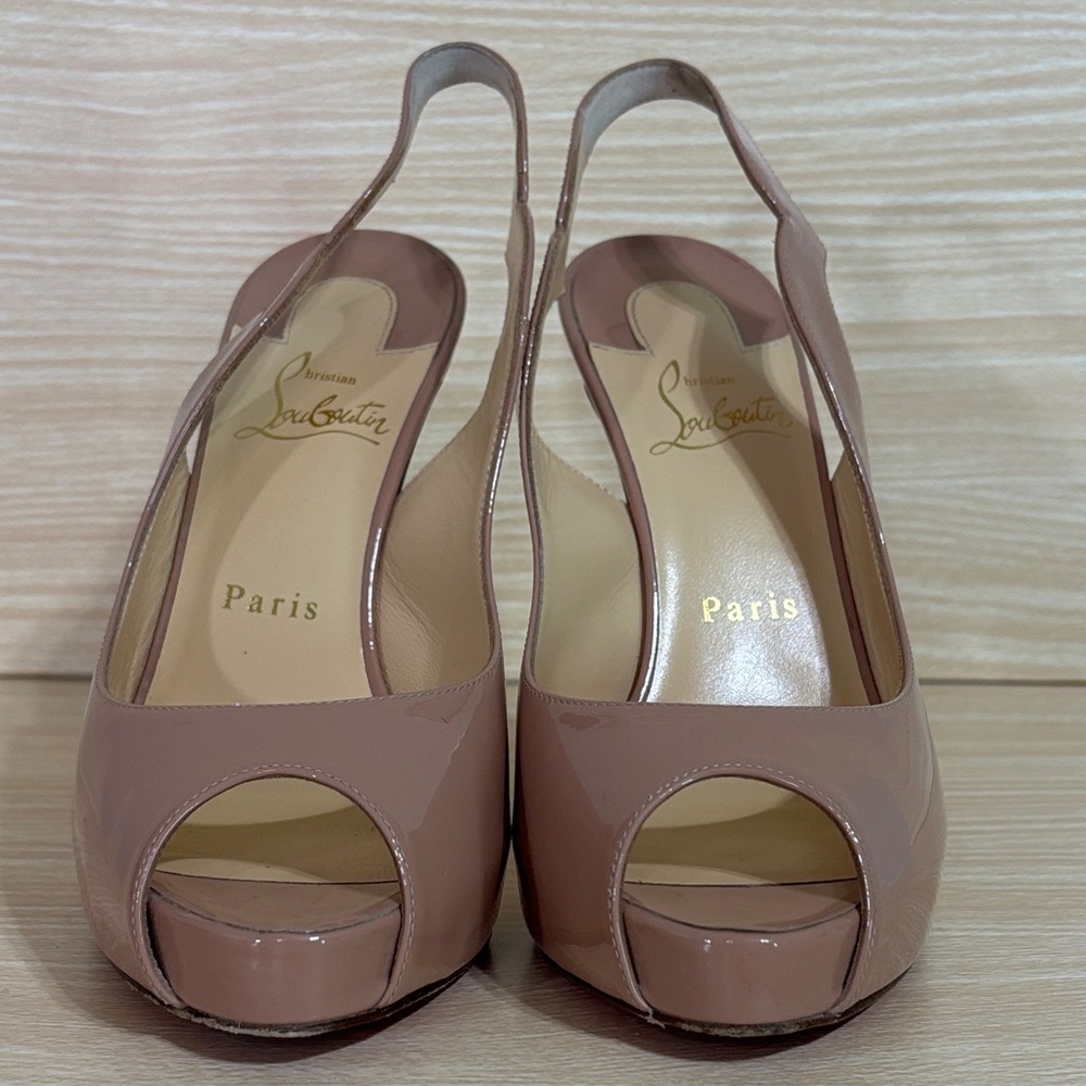 Christian Louboutin Nude Patent Peep Toe Slingback Heels Red Sole 38